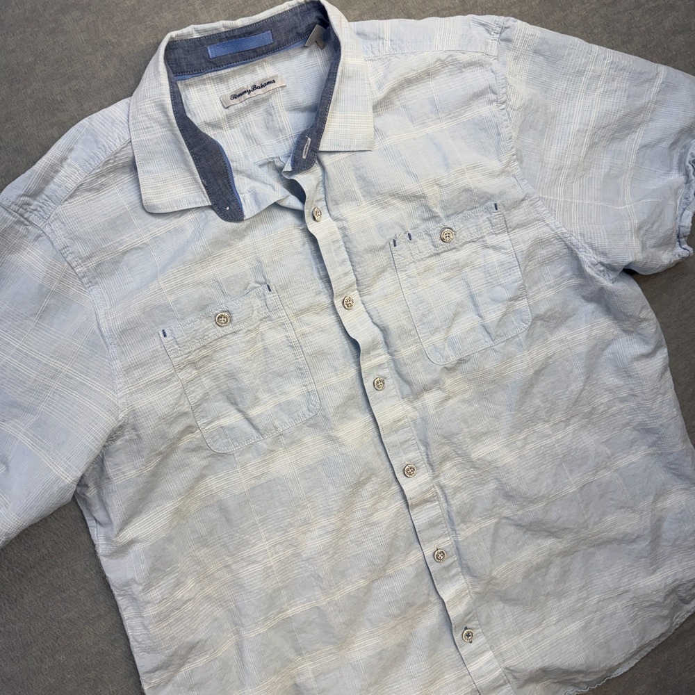 Tommy Bahama Shirt Mens XL Pale Blue Plaid Linen Cotton Button‎ Up Beachy Casual